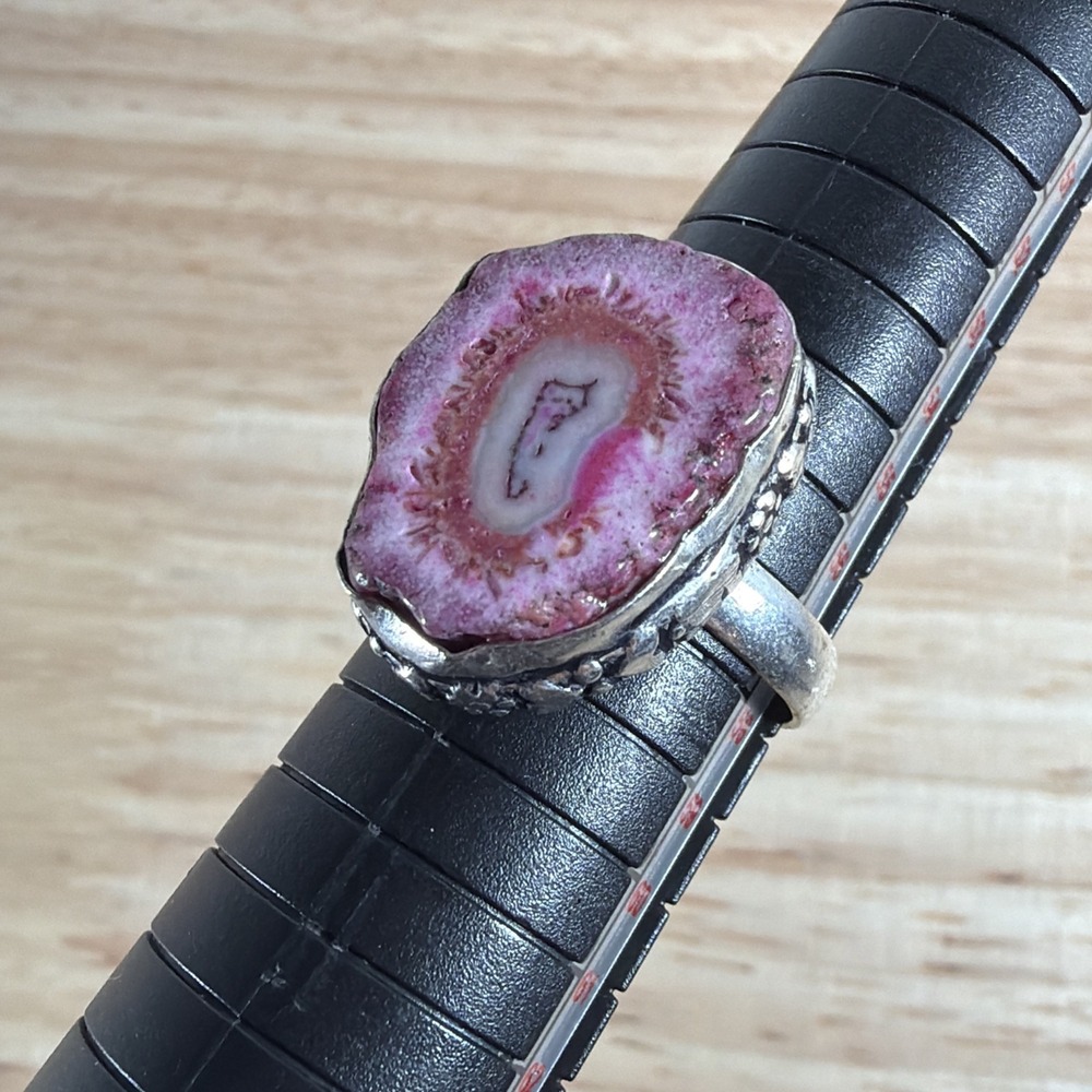 925 Sterling Silver Geode Ring Size 8 Pink Agate Layered Stone Crystal